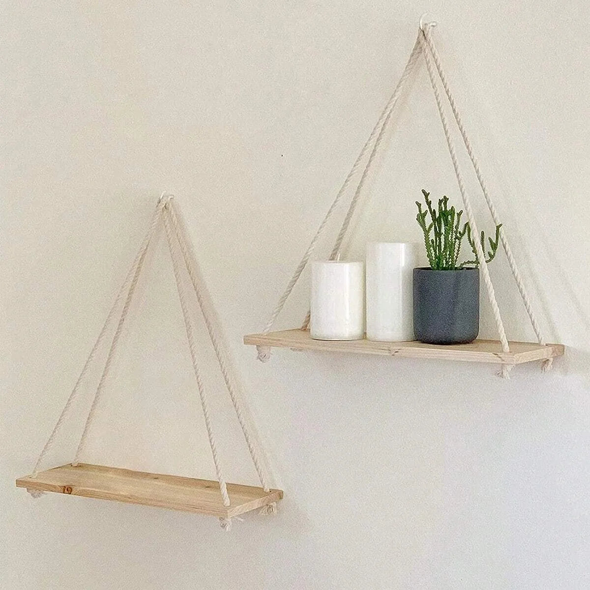 Handcrafted Wooden Swing Wall Shelf with Hanging Hemp Rope – Perfect for Home & Plant Decor