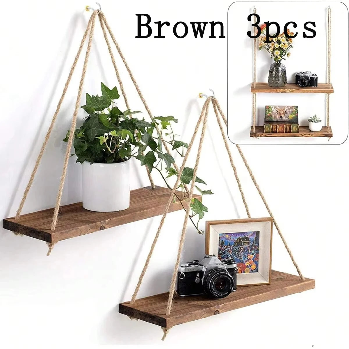 Handcrafted Wooden Swing Wall Shelf with Hanging Hemp Rope – Perfect for Home & Plant Decor
