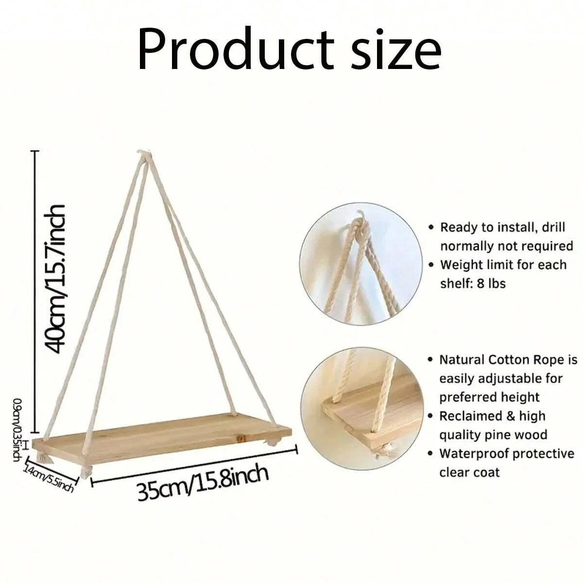 Handcrafted Wooden Swing Wall Shelf with Hanging Hemp Rope – Perfect for Home & Plant Decor
