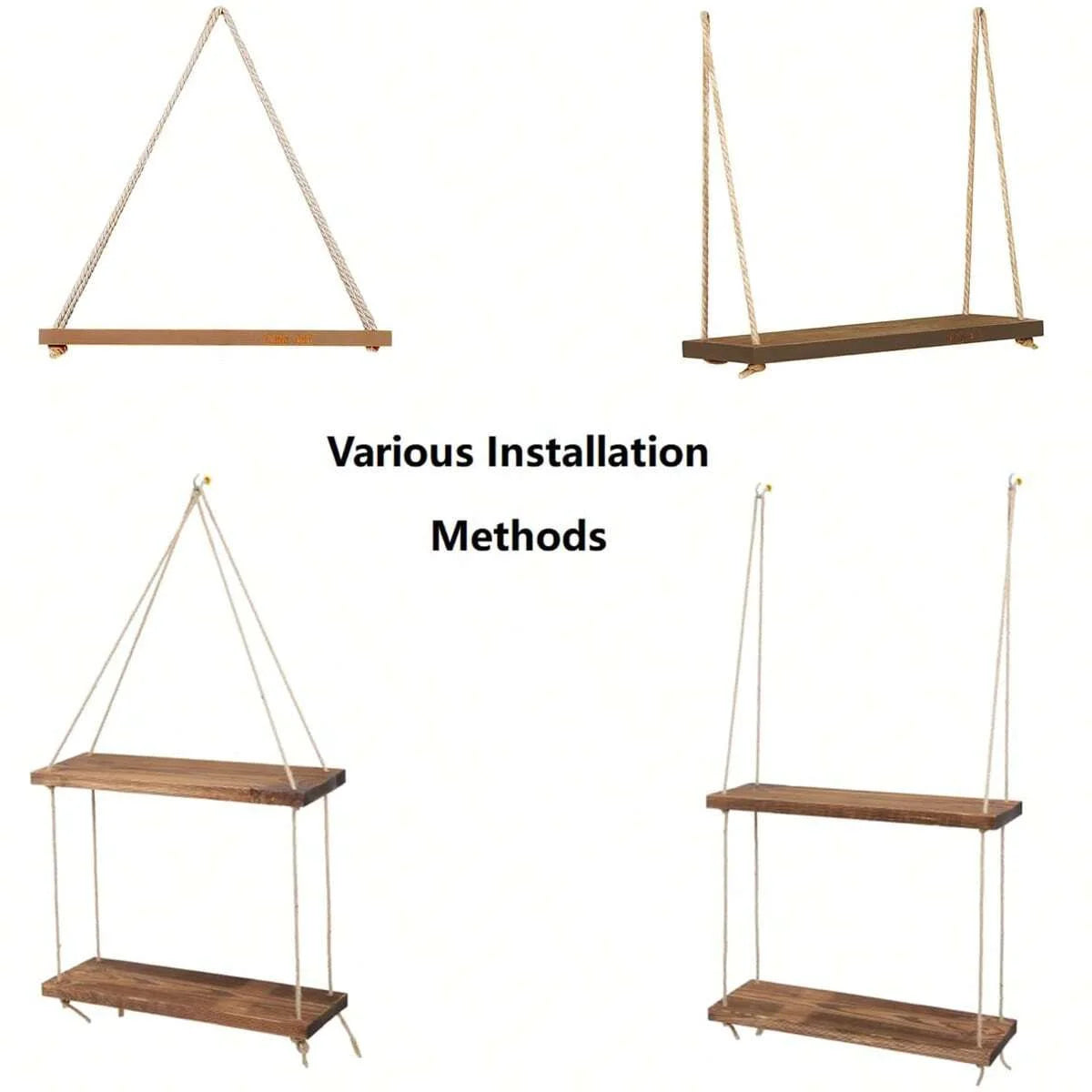 Handcrafted Wooden Swing Wall Shelf with Hanging Hemp Rope – Perfect for Home & Plant Decor