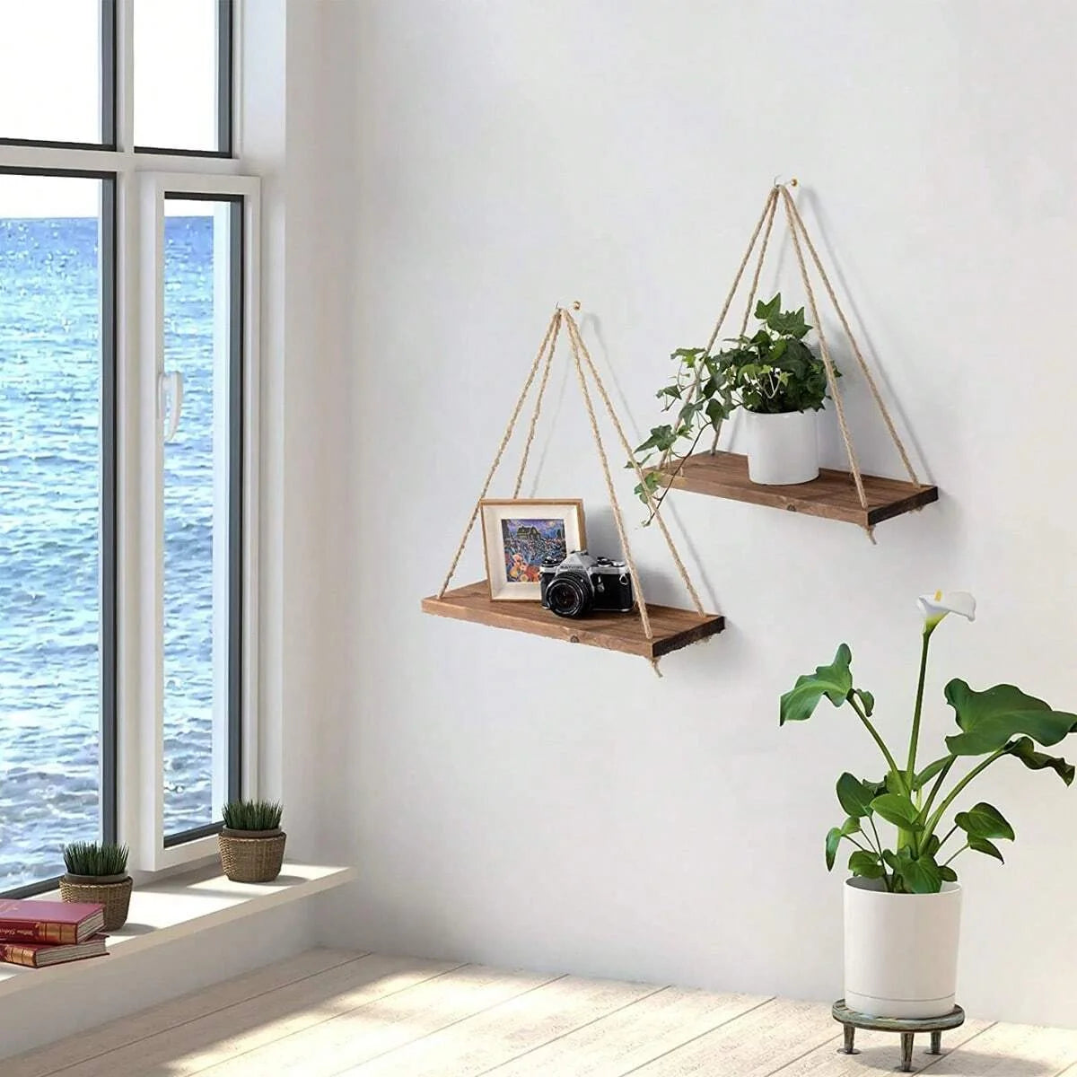Handcrafted Wooden Swing Wall Shelf with Hanging Hemp Rope – Perfect for Home & Plant Decor