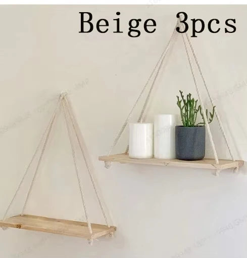 Handcrafted Wooden Swing Wall Shelf with Hanging Hemp Rope – Perfect for Home & Plant Decor