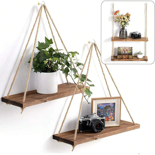 Handcrafted Wooden Swing Wall Shelf with Hanging Hemp Rope – Perfect for Home & Plant Decor