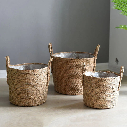 Handmade woven straw flower pot basket – Nordic plant holder & storage decor