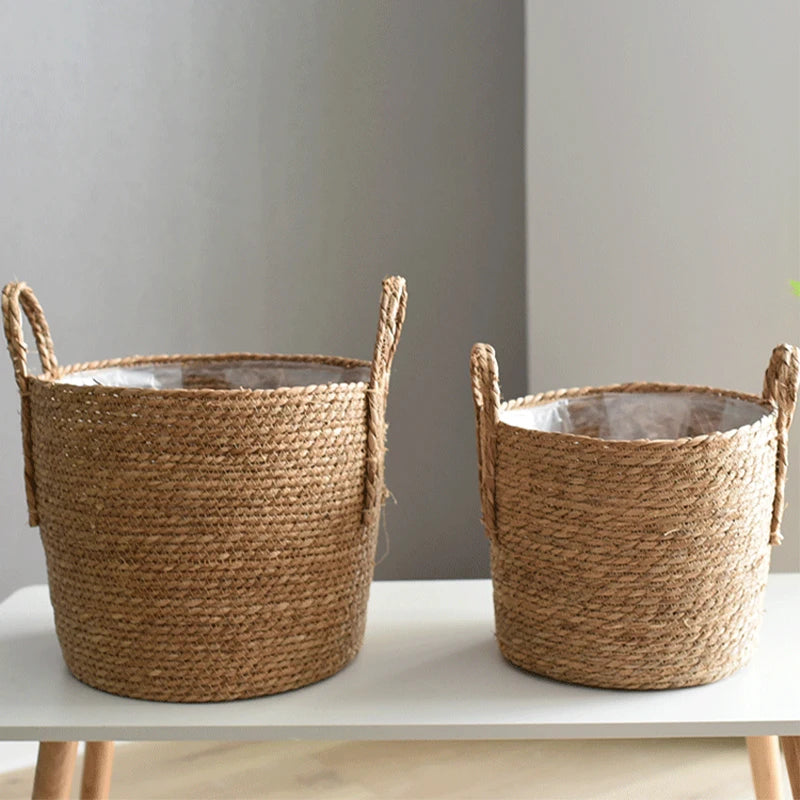 Handmade Woven Straw Flower Pot Basket – Nordic Plant Holder & Storage