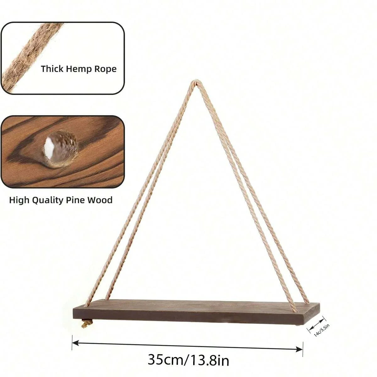 Handcrafted Wooden Swing Wall Shelf with Hanging Hemp Rope – Perfect for Home & Plant Decor