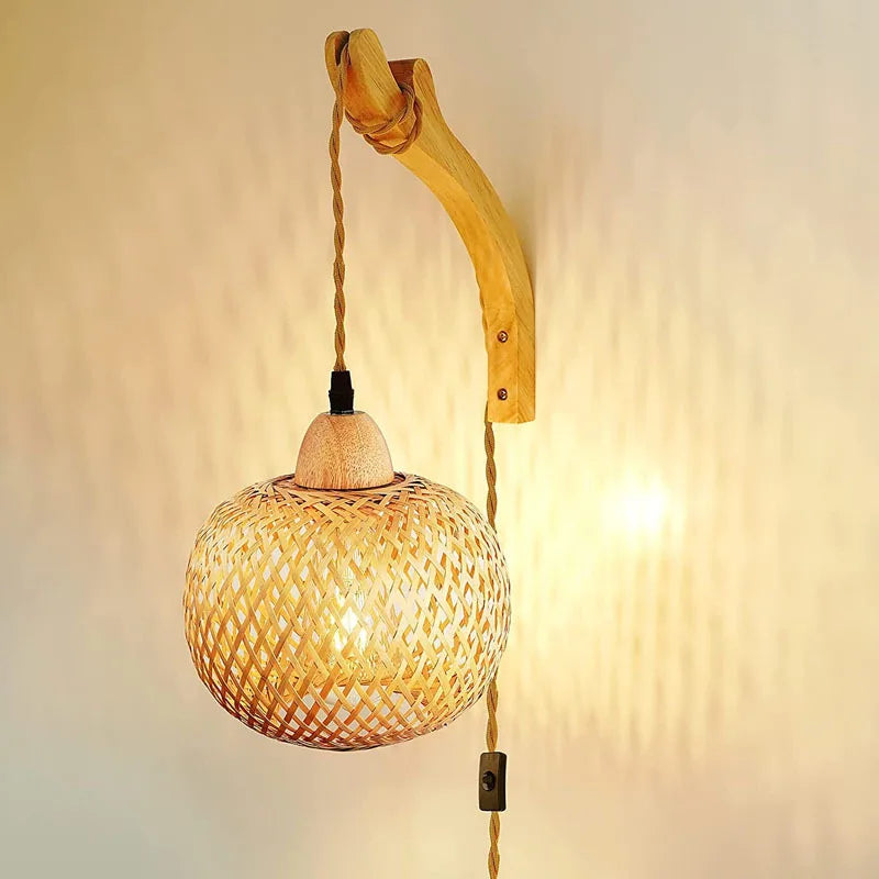 Handwoven Bamboo Lantern Wall Lamp – Rattan Wicker Wall Light for Cozy Home Decor