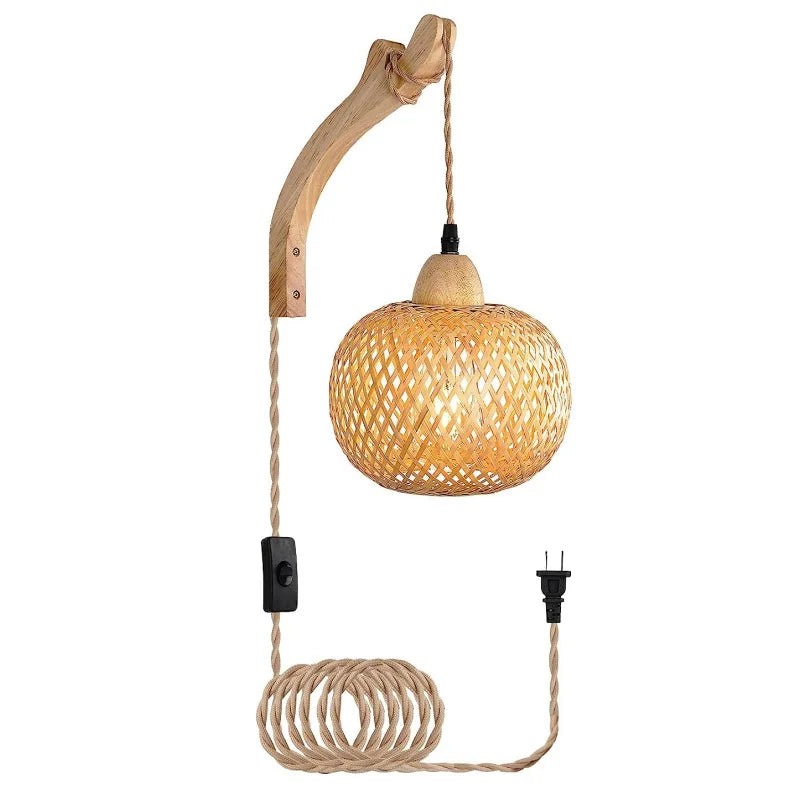 Handwoven Bamboo Lantern Wall Lamp – Rattan Wicker Wall Light for Cozy Home Decor